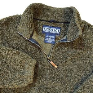Vintage Lands’ End Cozy Deep Fleece 1/4 Zip Pullover Green Pockets USA Med/10-12